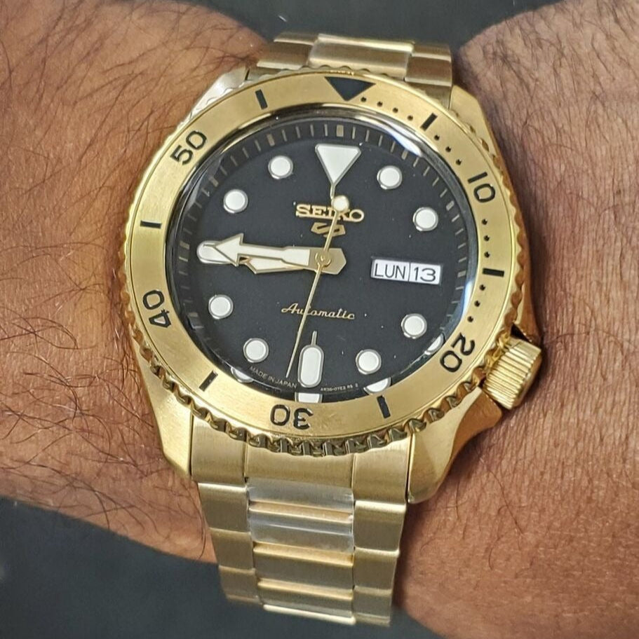  Shop Authentic Seiko 5 Sports Automatic Black Dial Gold Steel Strap Watch For Men - SRPK18 - Luxxuri