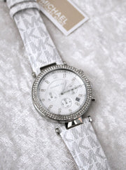  Shop Authentic Michael Kors Parker Chronograph White Dial White Leather Strap Watch For Women - MK7226 - Luxxuri