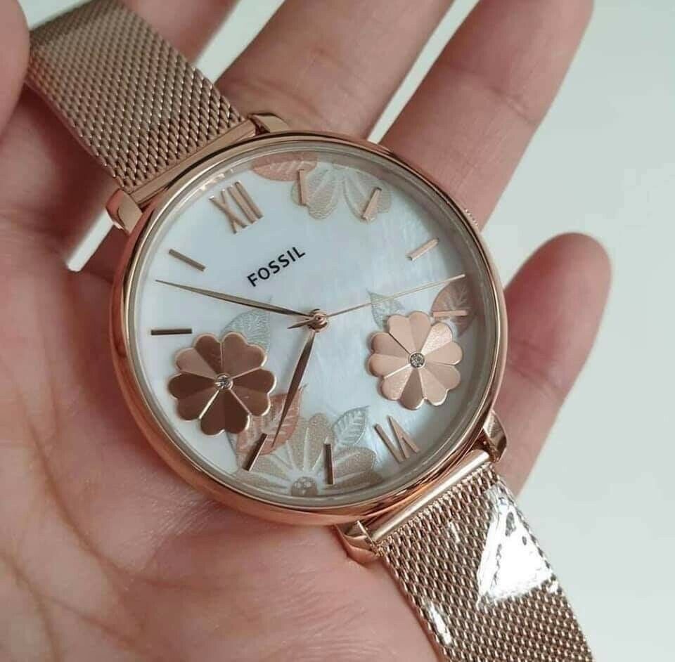 Shop Authentic Fossil Jacqueline Three-Hand White Dial Rose Gold Mesh Bracelet Watch for Women - ES4534 - Luxxuri