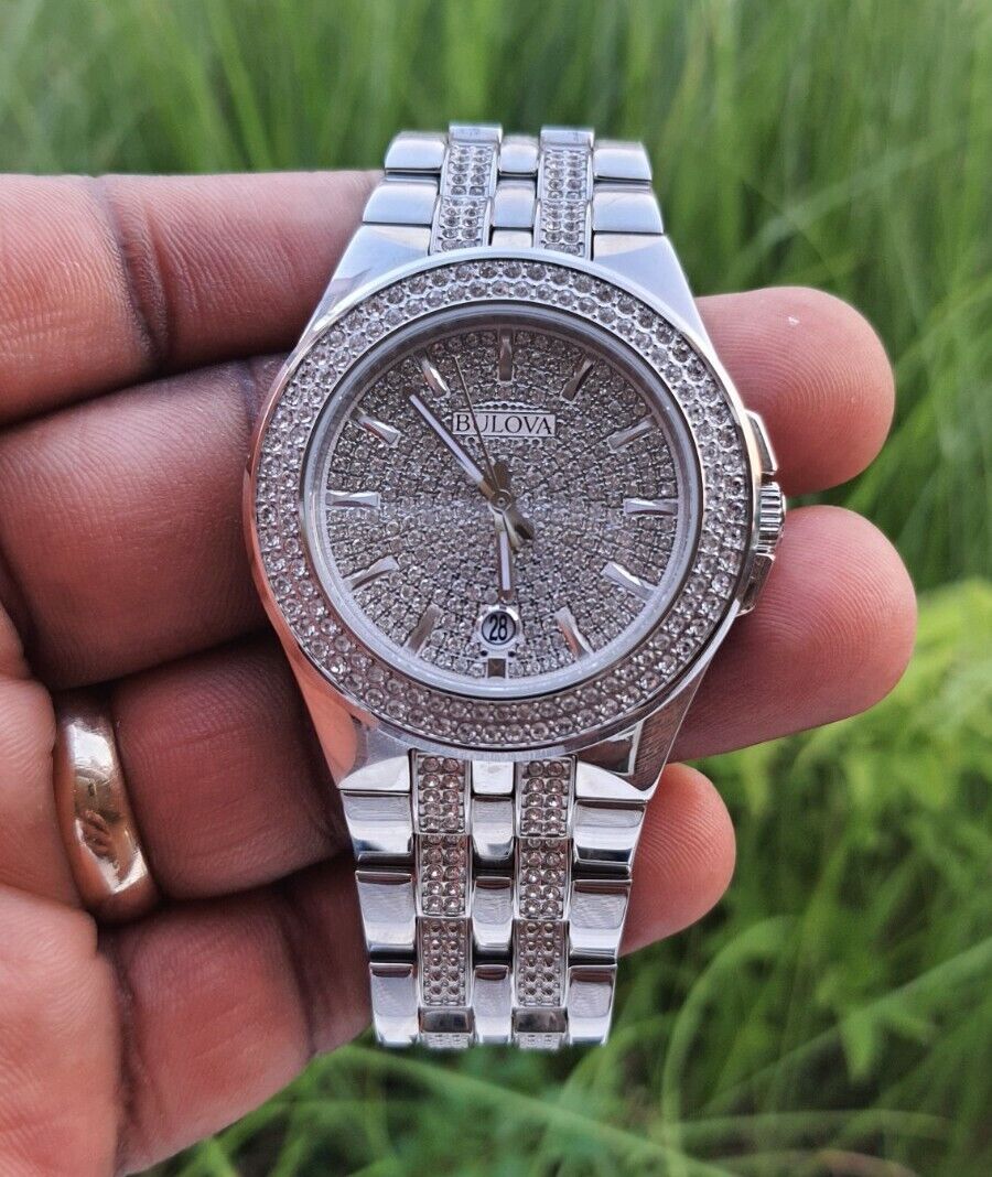  Shop Authentic Bulova Crystal Pave Silver Dial Silver Steel Strap Watch for Men - 96B235 - Luxxuri