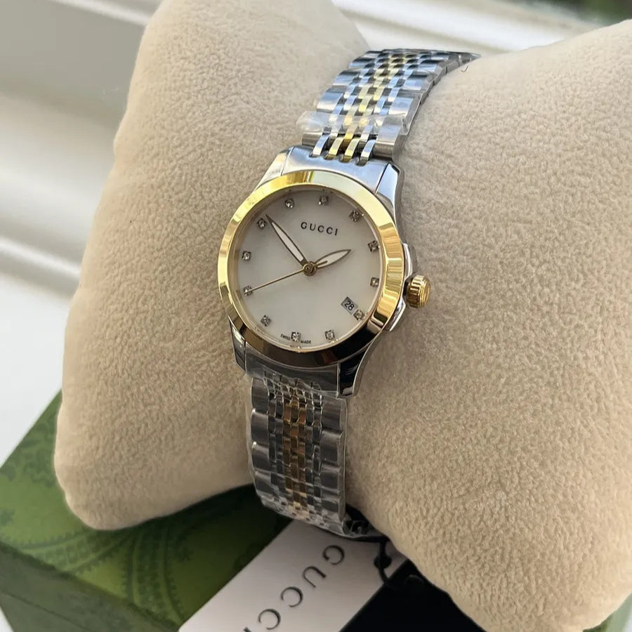  Shop Authentic Gucci G Timeless Diamonds Mother of Pearl Dial Two Tone Mesh Bracelet Watch for Women - YA126513 - Luxxuri