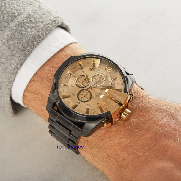 Shop Authentic Diesel Mega Chief Chronograph Gold Dial Black Steel Strap Watch For Men - DZ4485 - Luxxuri
