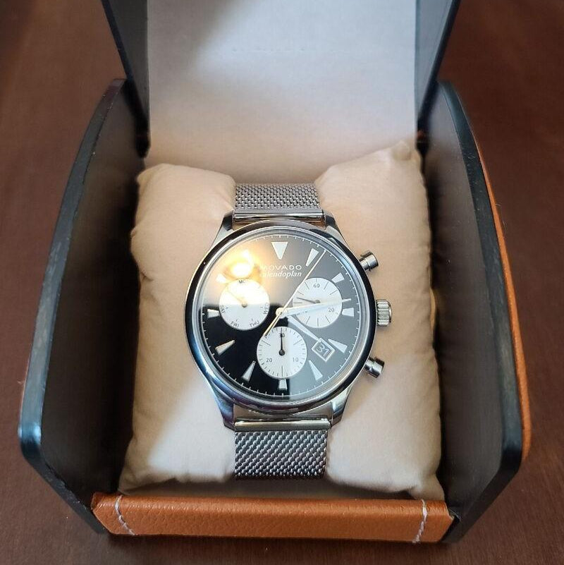  Shop Authentic Movado Heritage Calendoplan Chronograph Black Dial Silver Mesh Strap Watch for Men - 3650097 - Luxxuri
