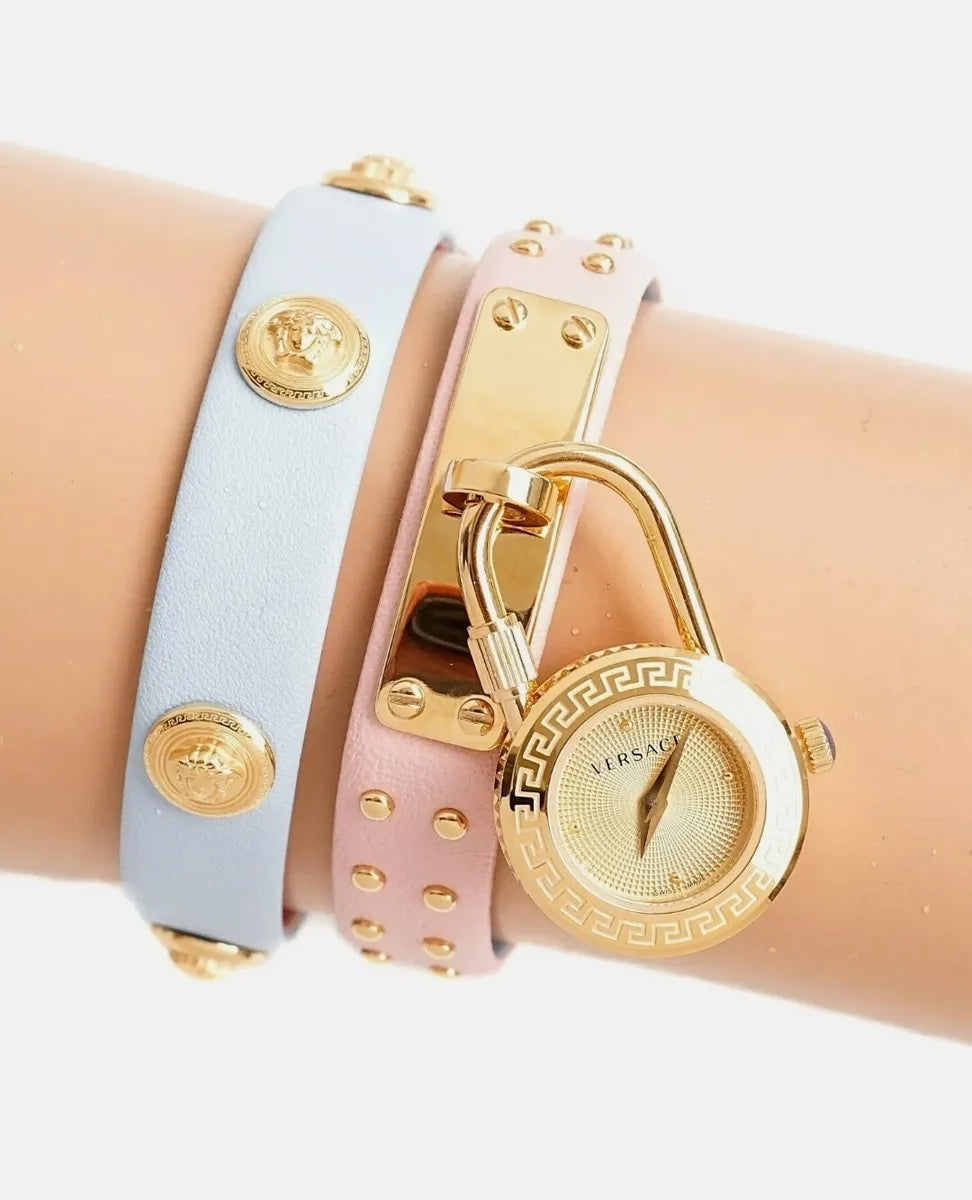  Shop Authentic Versace Medusa Lock Icon Quartz Gold Dial Pink & Blue Leather Strap Watch For Women - VEDW00219 - Luxxuri