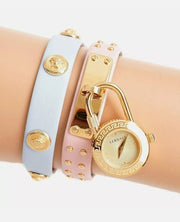  Shop Authentic Versace Medusa Lock Icon Quartz Gold Dial Pink & Blue Leather Strap Watch For Women - VEDW00219 - Luxxuri