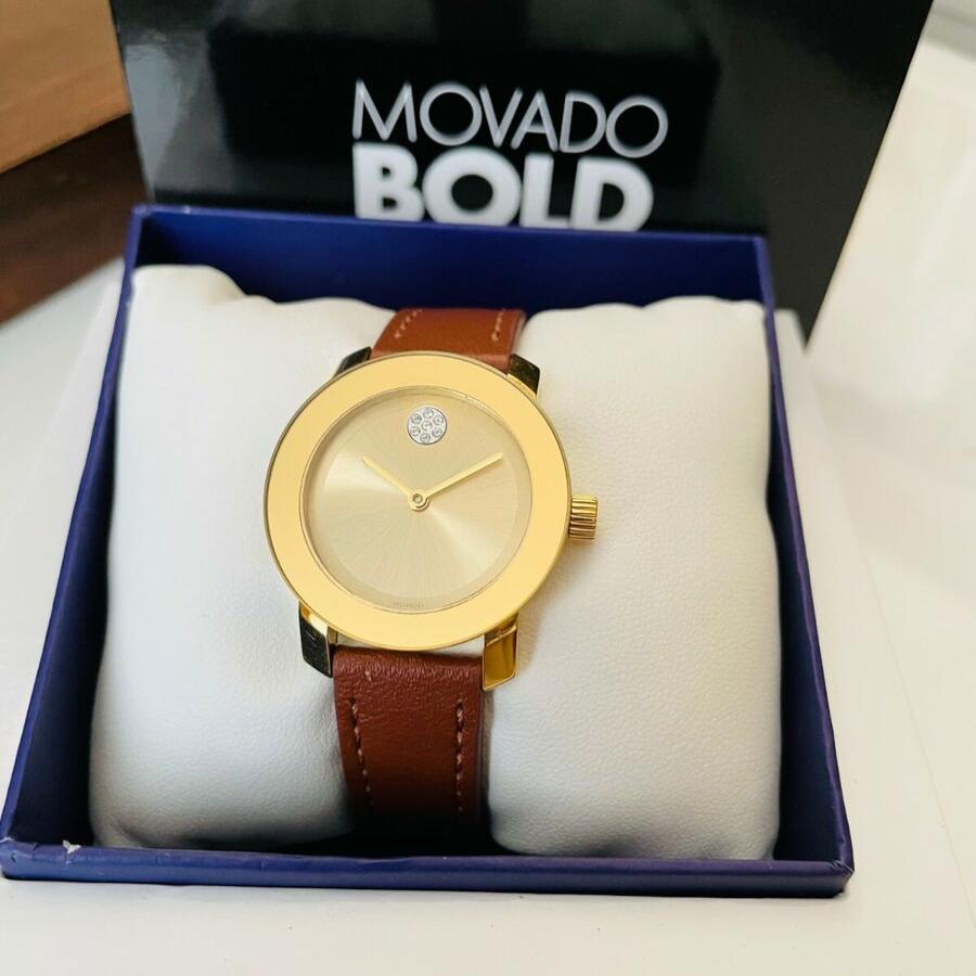  Shop Authentic Movado Bold Gold Dial Brown Leather Strap Watch for Women - 3600437 - Luxxuri