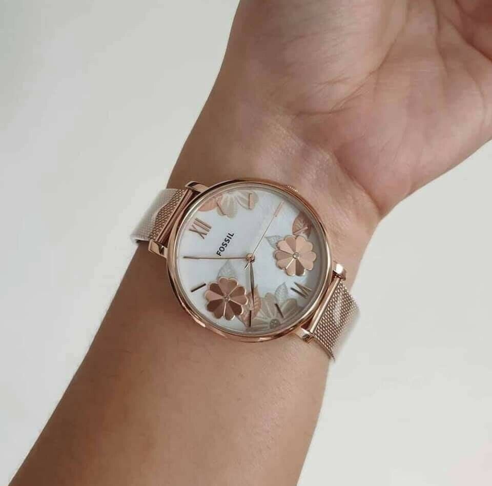  Shop Authentic Fossil Jacqueline Three-Hand White Dial Rose Gold Mesh Bracelet Watch for Women - ES4534 - Luxxuri