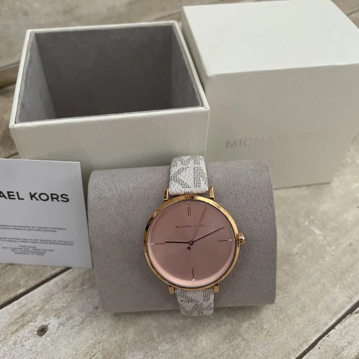  Shop Authentic Michael Kors Jayne Three Hand Rose Gold Dial White Leather Strap Watch For Women - MK7128 - Luxxuri
