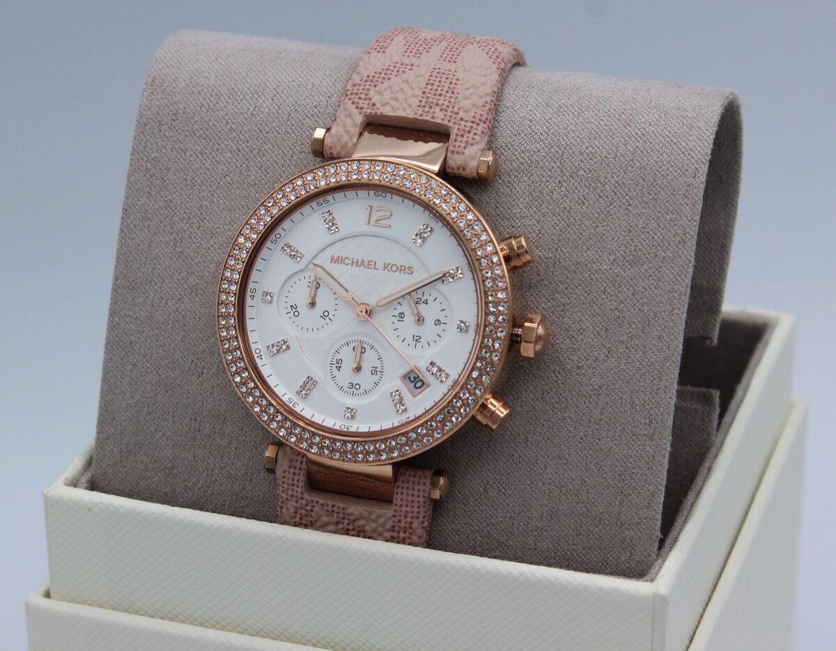  Shop Authentic Michael Kors Parker Chronograph White Dial Pink Leather Strap Watch For Women - MK6935 - Luxxuri