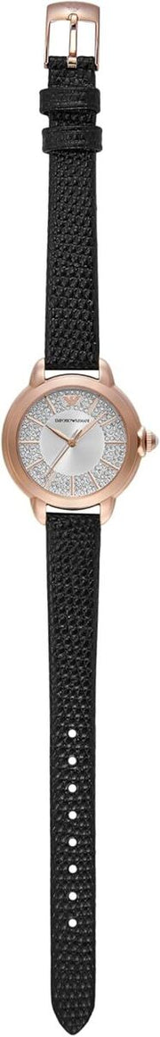  Shop Authentic Emporio Armani Mia Three Hand Crystals Silver Dial Black Leather Strap Watch For Women - AR11631 - Luxxuri