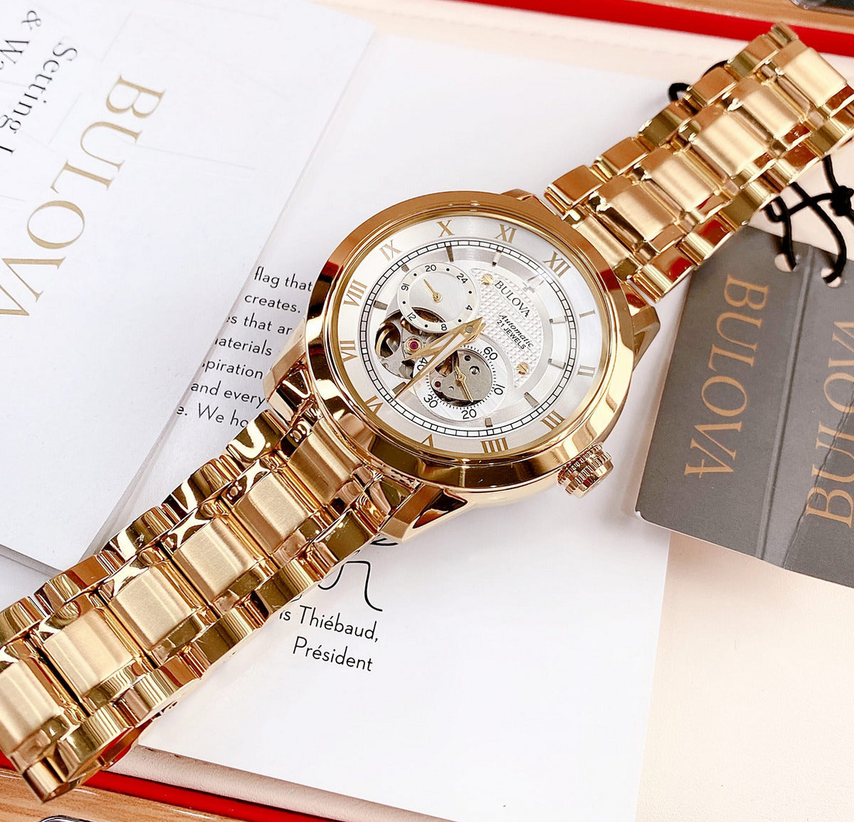  Shop Authentic Bulova BVA Skeleton Silver Dial Gold Steel Strap Watch for Men - 97A108 - Luxxuri