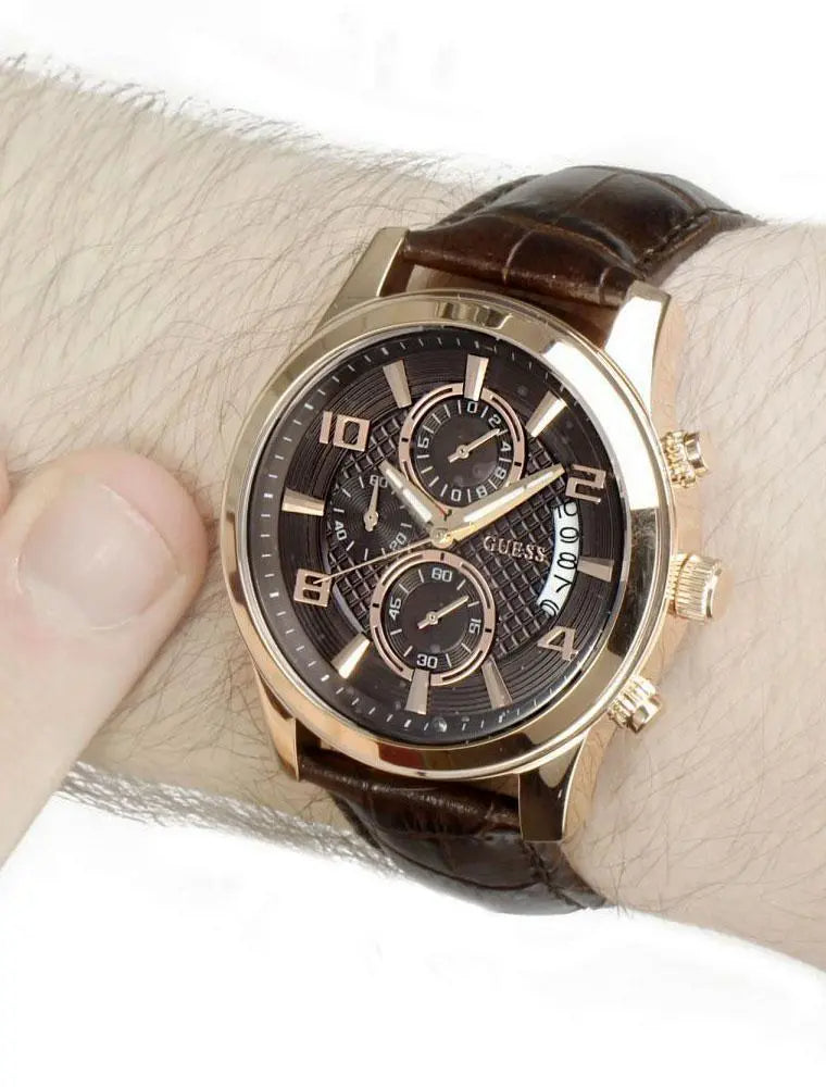  Shop Authentic Guess Exec Chronograph Brown Dial Brown Leather Strap Watch For Men - W0076G4 - Luxxuri