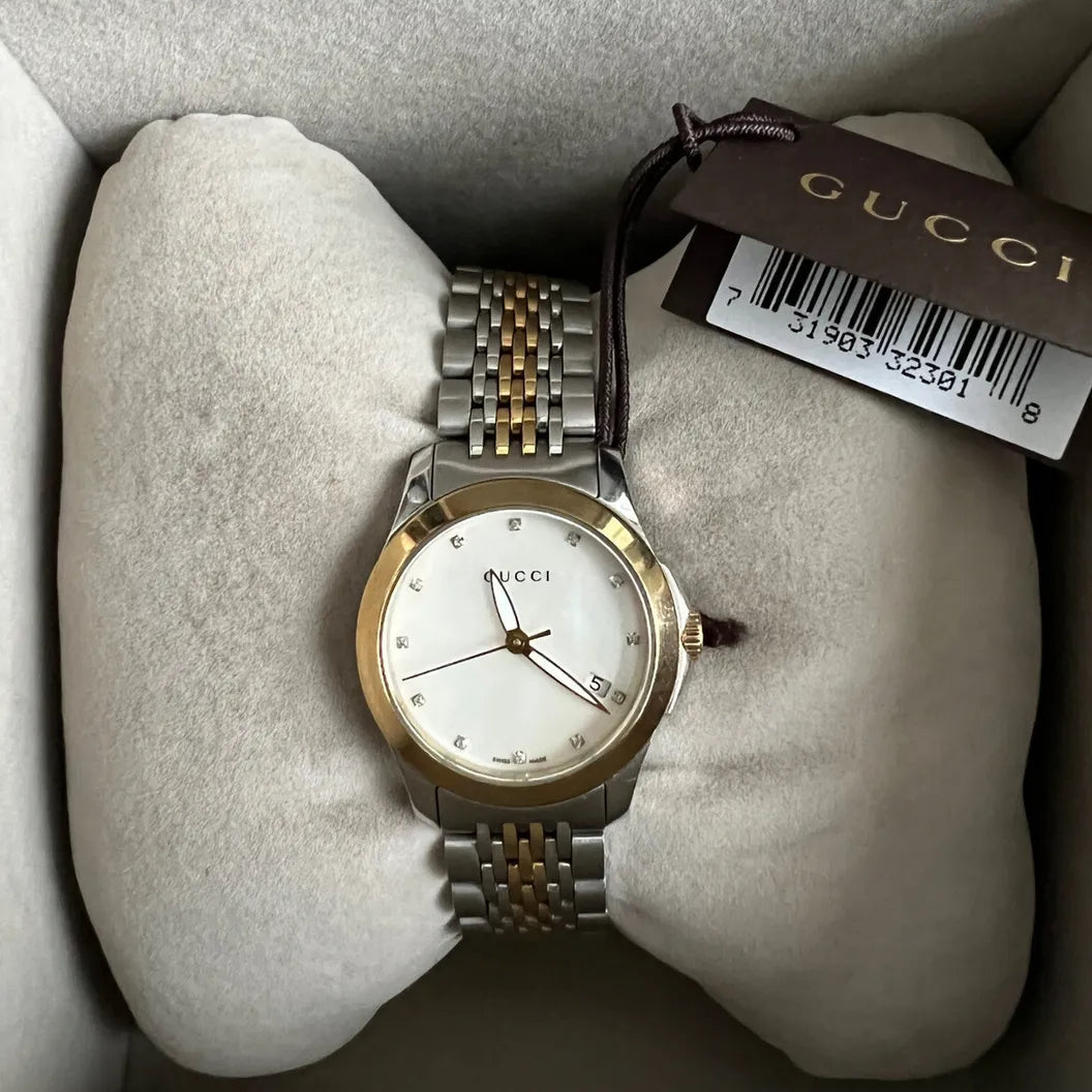  Shop Authentic Gucci G Timeless Diamonds Mother of Pearl Dial Two Tone Mesh Bracelet Watch for Women - YA126513 - Luxxuri