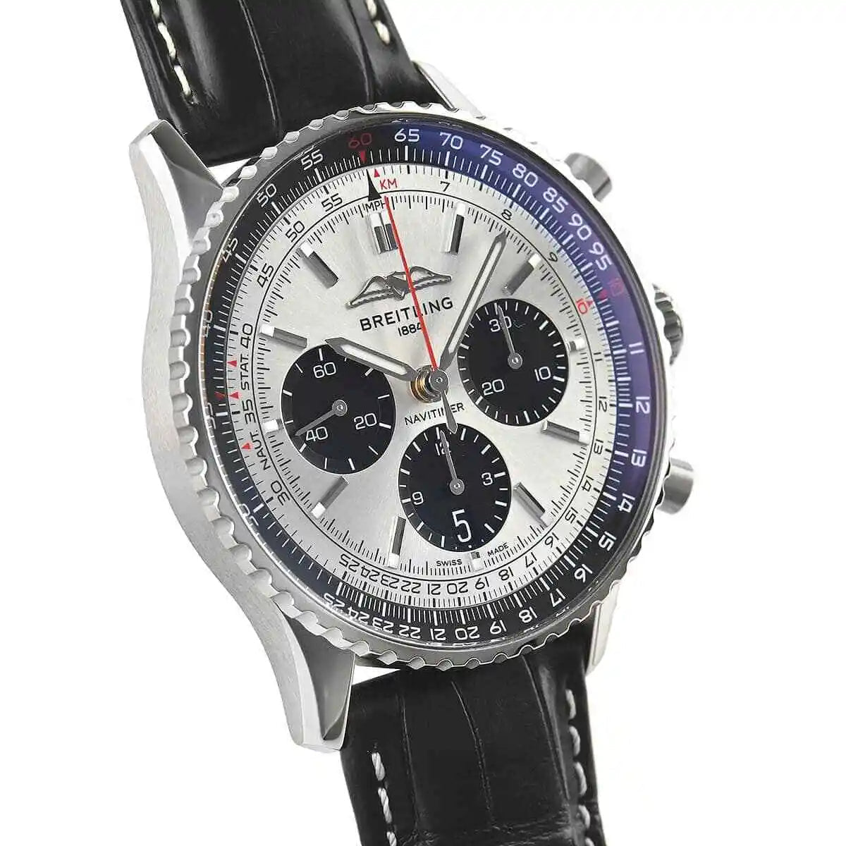  Shop Authentic Breitling Navitimer B01 Chronograph 43 Silver Dial Black Leather Strap Watch for Men - AB0138241G1P1 - Luxxuri