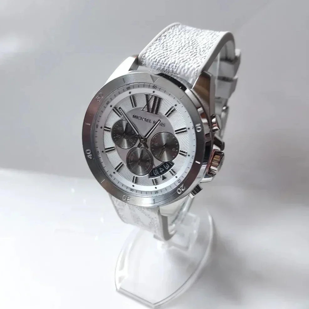  Shop Authentic Michael Kors Brecken Chronograph Silver Dial White Leather Strap Watch For Men - MK8949 - Luxxuri