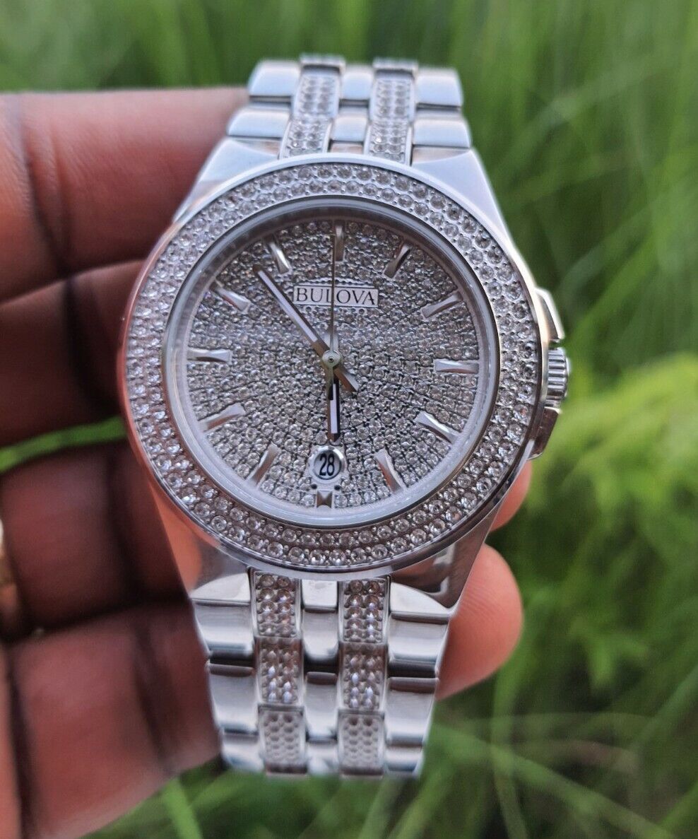  Shop Authentic Bulova Crystal Pave Silver Dial Silver Steel Strap Watch for Men - 96B235 - Luxxuri