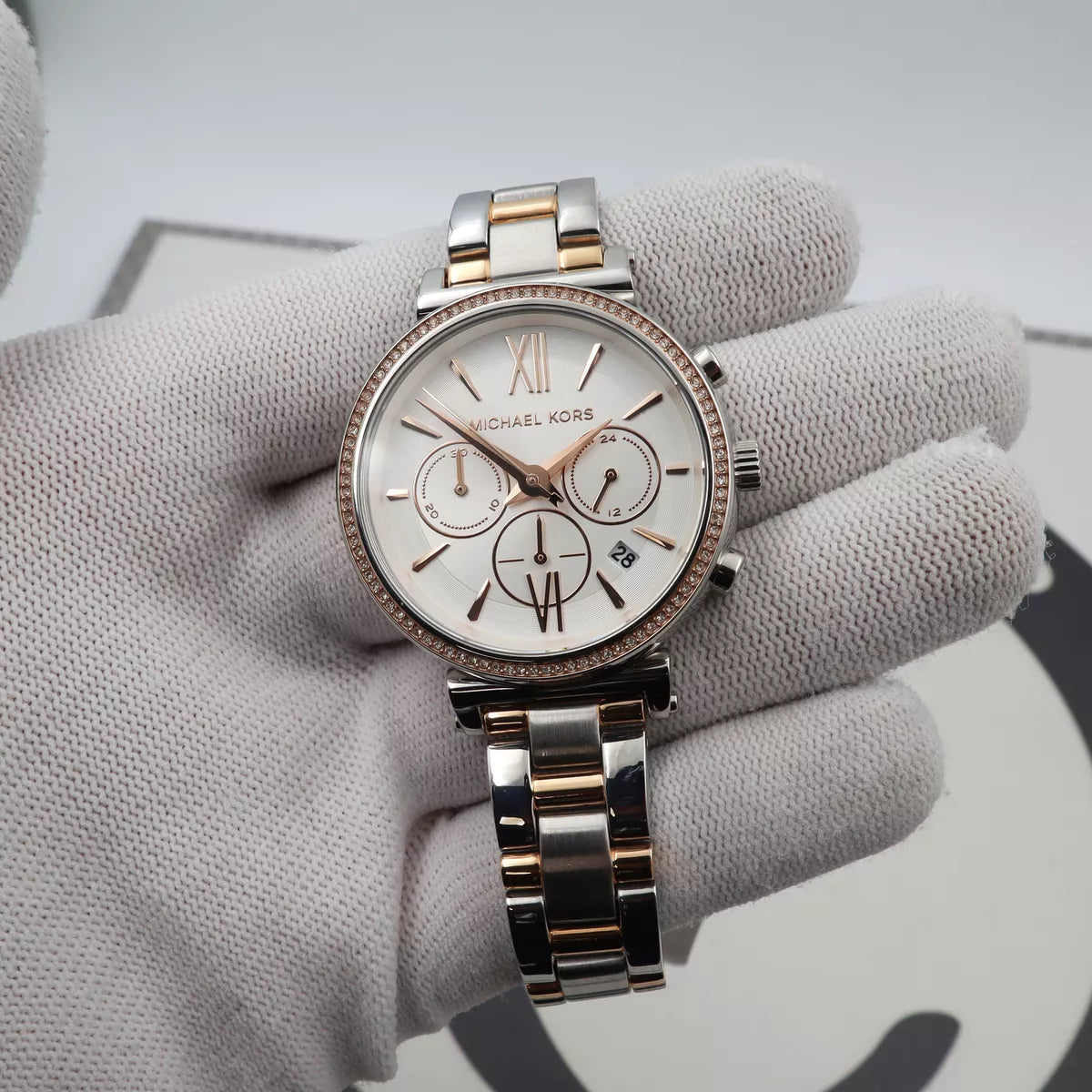  Shop Authentic Michael Kors Sofie Chronograph Quartz White Dial Two Tone Steel Strap Watch For Women - MK6558 - Luxxuri