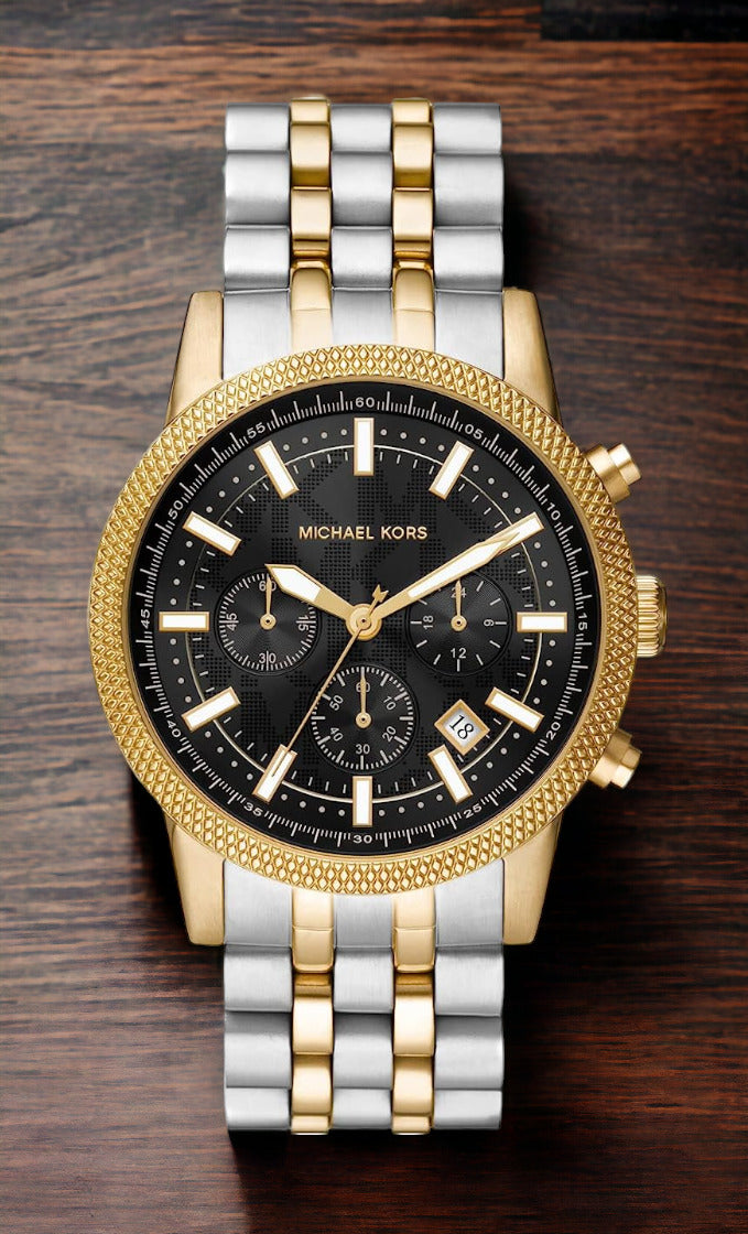  Shop Authentic Michael Kors Hutton Chronograph Black Dial Two Tone Steel Strap Watch For Men - MK8954 - Luxxuri