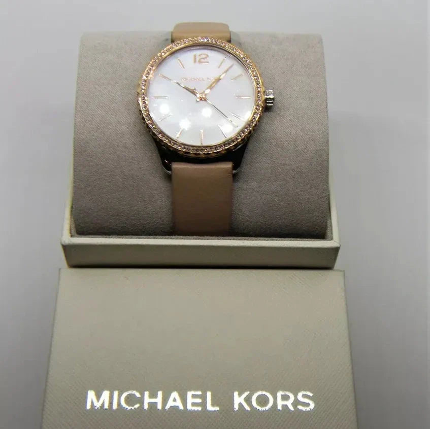  Shop Authentic Michael Kors Layton Mother of Pearl White Dial Brown Leather Strap Watch For Women - MK2910 - Luxxuri