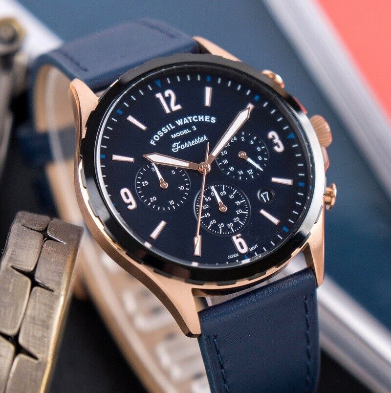  Shop Authentic Fossil Forrester Chronograph Blue Dial Blue Leather Strap Watch for Men - FS5814 - Luxxuri
