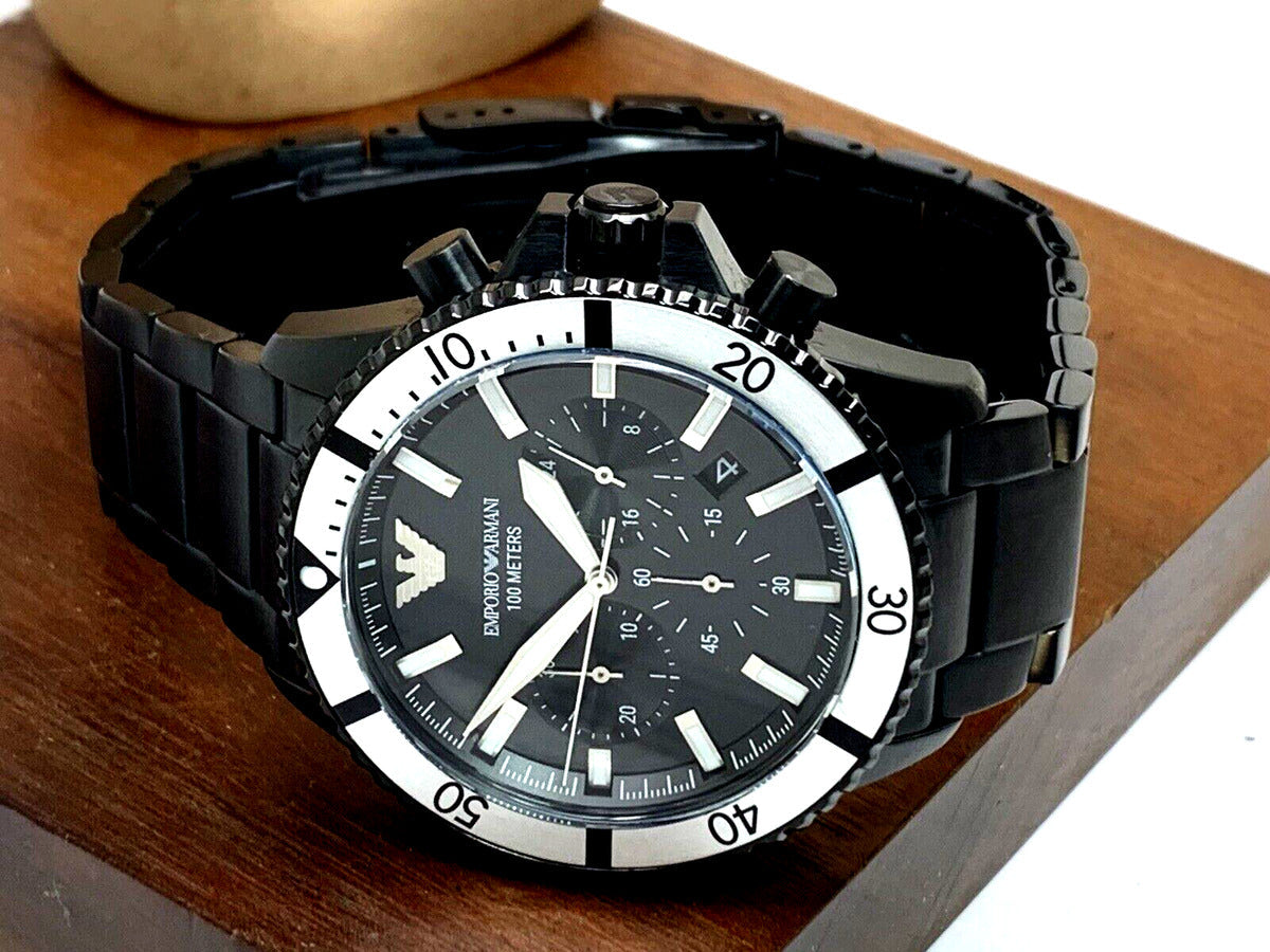  Shop Authentic Emporio Armani Diver Chronograph Black Dial Black Steel Strap Watch For Men - AR80050 - Luxxuri