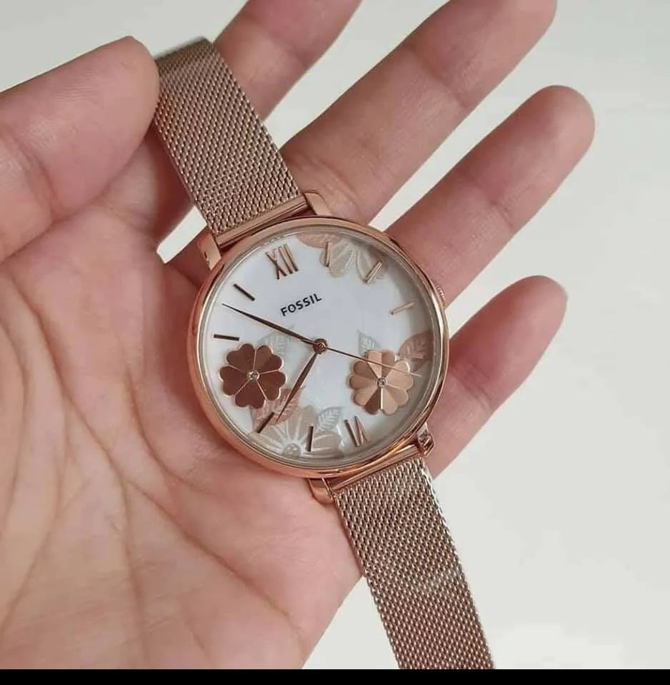  Shop Authentic Fossil Jacqueline Three-Hand White Dial Rose Gold Mesh Bracelet Watch for Women - ES4534 - Luxxuri