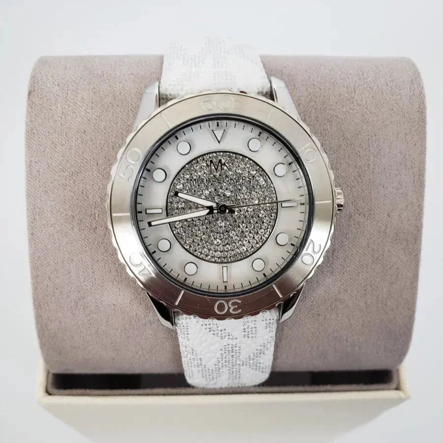  Shop Authentic Michael Kors Runway Three Hand White Dial White Leather Strap Watch For Women - MK6998 - Luxxuri