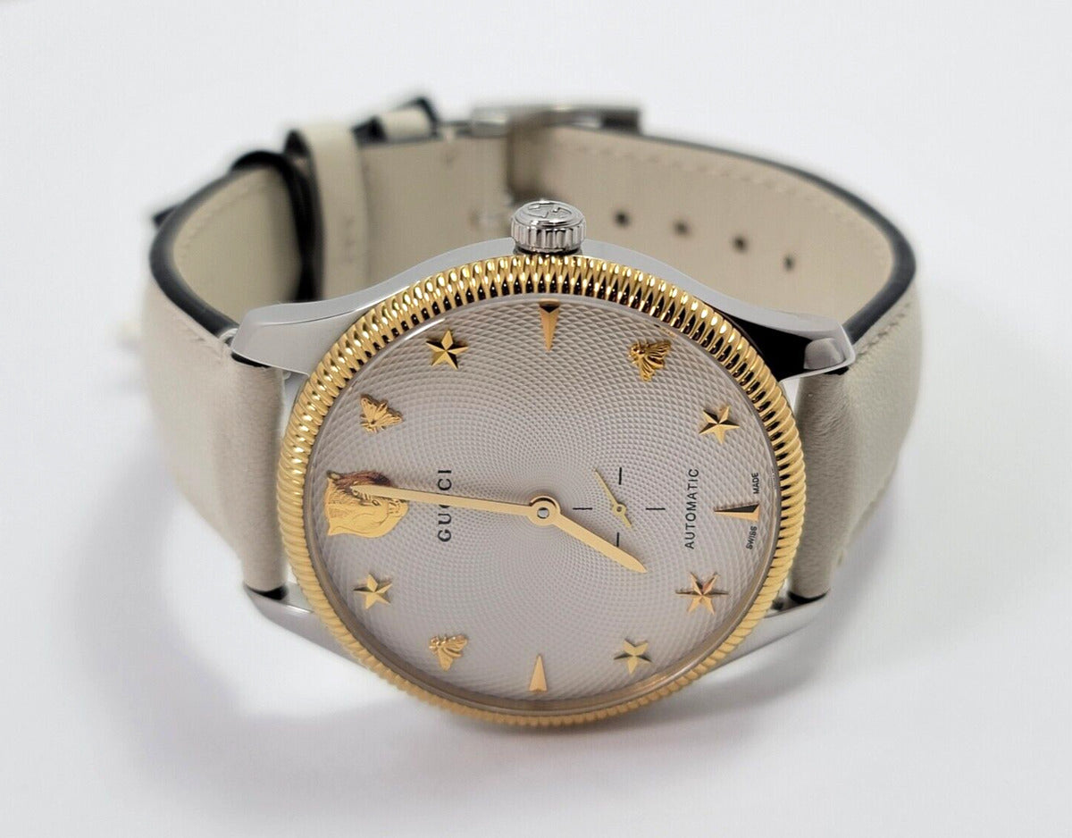  Shop Authentic Gucci G Timeless Automatic Silver Dial Beige Leather Strap Watch For Men - YA126348 - Luxxuri