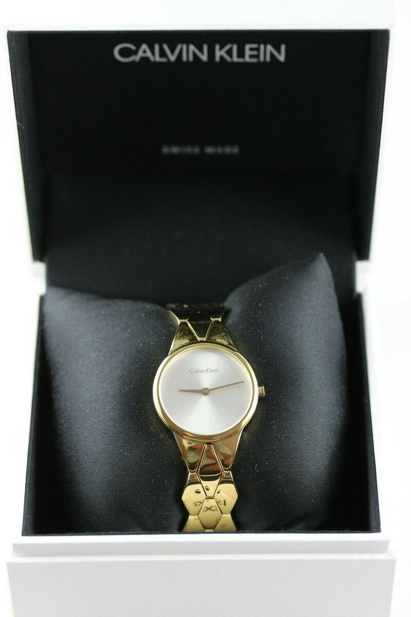  Shop Authentic Calvin Klein Snake Silver Dial Yellow Gold Steel Strap Watch For Women - K6E23546 - Luxxuri