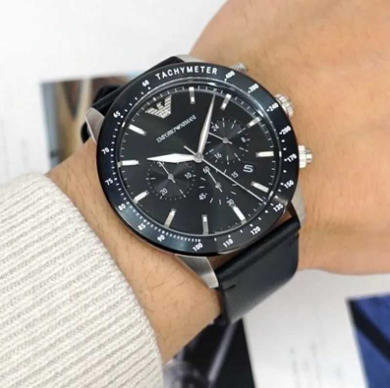  Shop Authentic Emporio Armani Mario Chronograph Black Dial Black Leather Strap Watch For Men - AR11243 - Luxxuri