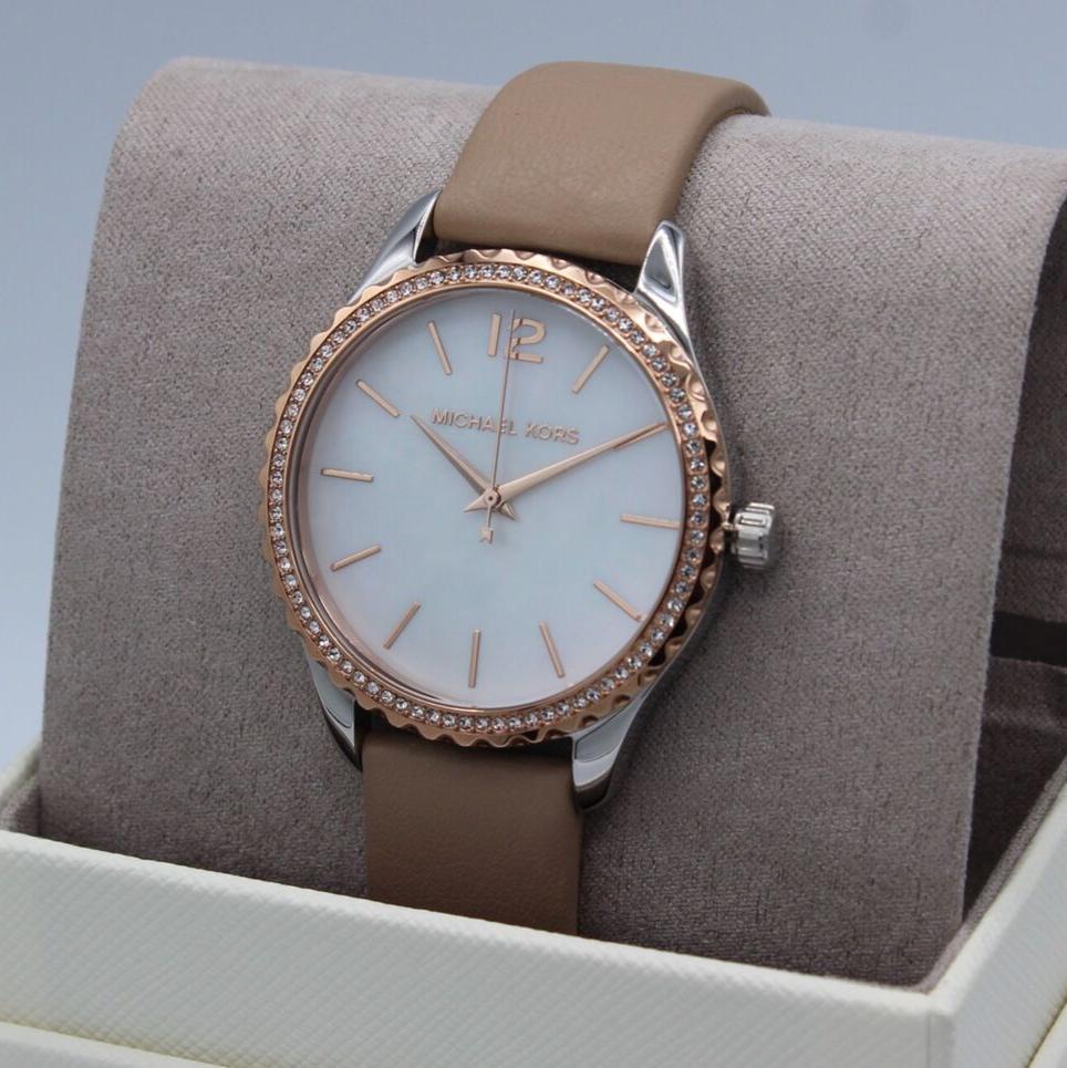  Shop Authentic Michael Kors Layton Mother of Pearl White Dial Brown Leather Strap Watch For Women - MK2910 - Luxxuri
