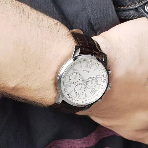  Shop Authentic Guess Horizon Chronograph White Dial Brown Leather Strap Watch For Men - W0380G2 - Luxxuri