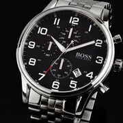 Shop Authentic Hugo Boss Aeroliner Chronograph Black Dial Silver Steel Strap Watch For Men - 1512446 - Luxxuri