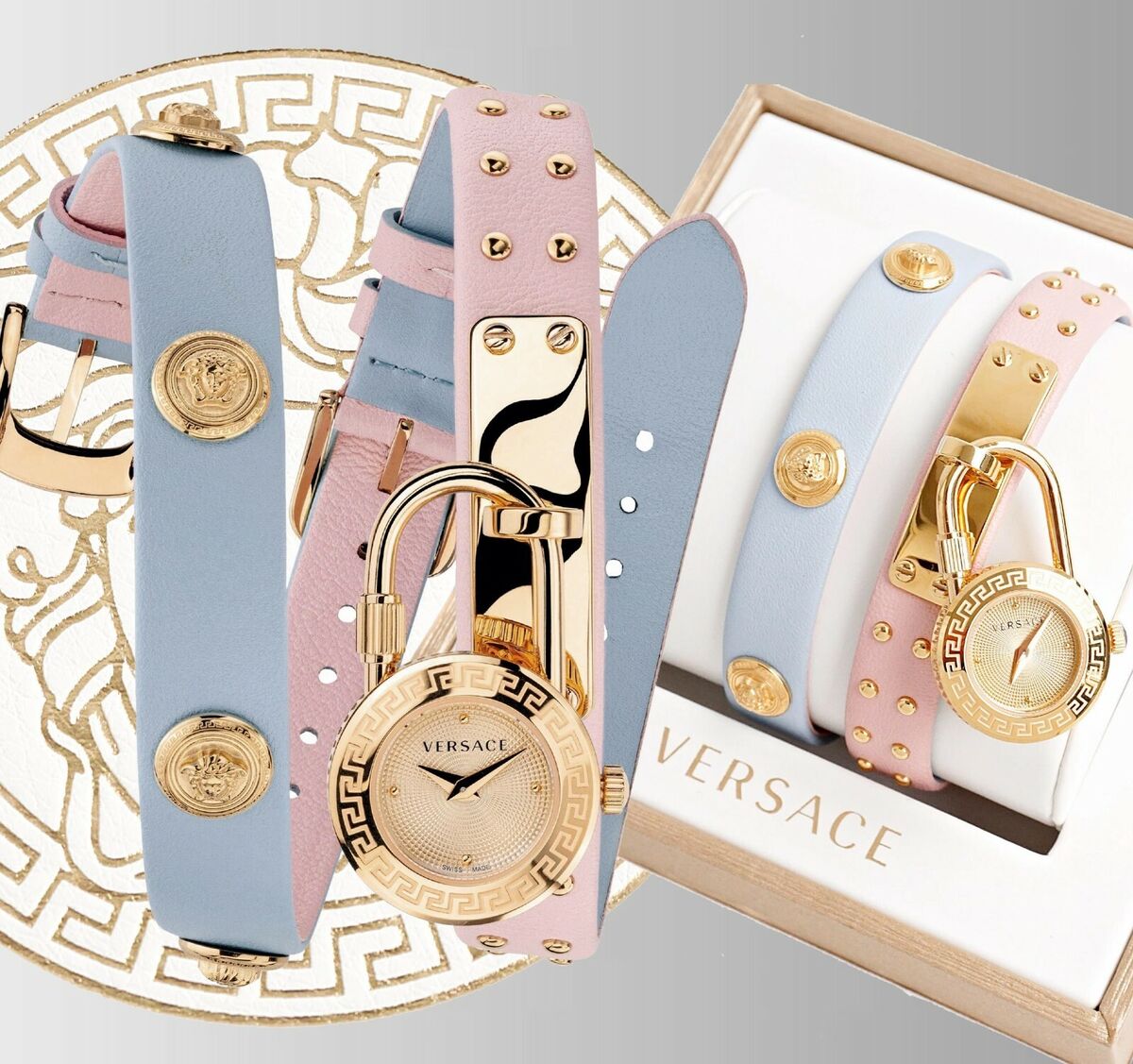  Shop Authentic Versace Medusa Lock Icon Quartz Gold Dial Pink & Blue Leather Strap Watch For Women - VEDW00219 - Luxxuri