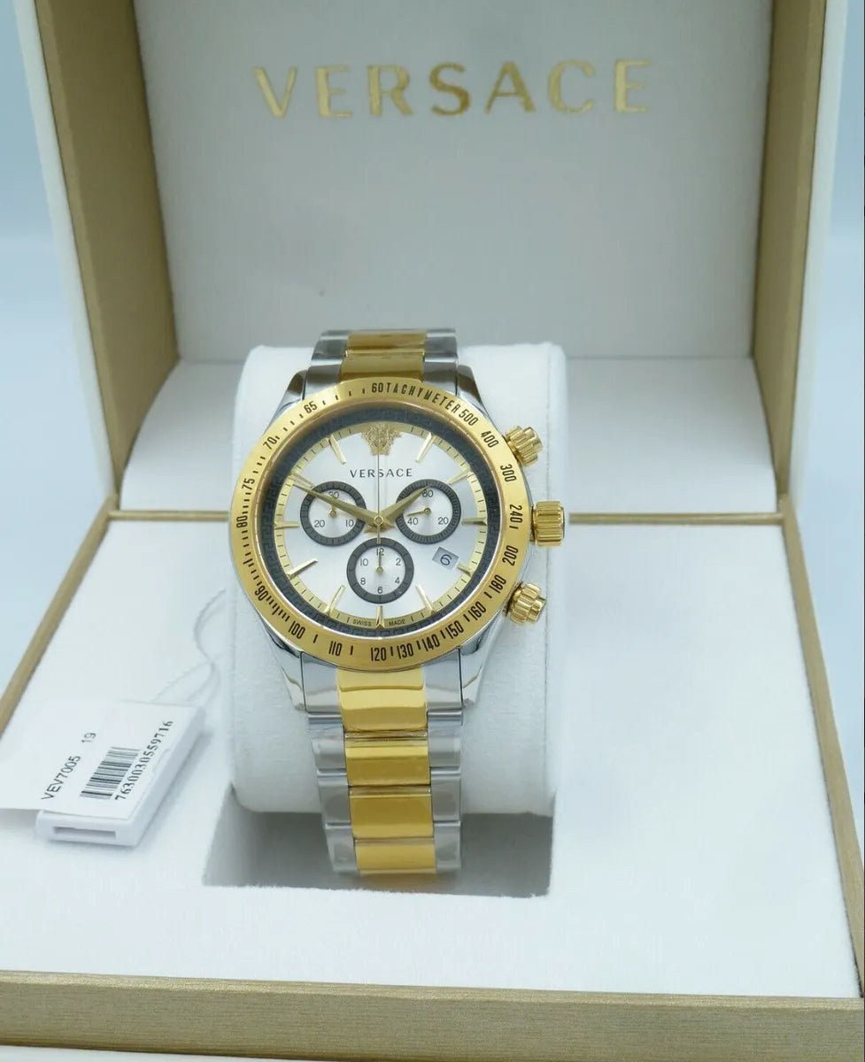  Shop Authentic Versace Classic Chronograph Quartz Silver Dial Two Tone Steel Strap Watch For Men - VEV700519 - Luxxuri