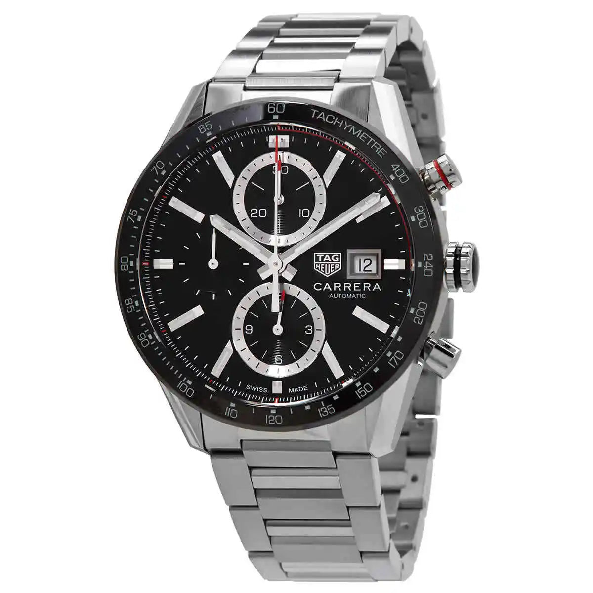  Shop Authentic Tag Heuer Carrera Automatic Chronograph Black Dial Silver Steel Strap Watch for Men - CBM2110.BA0651 - Luxxuri