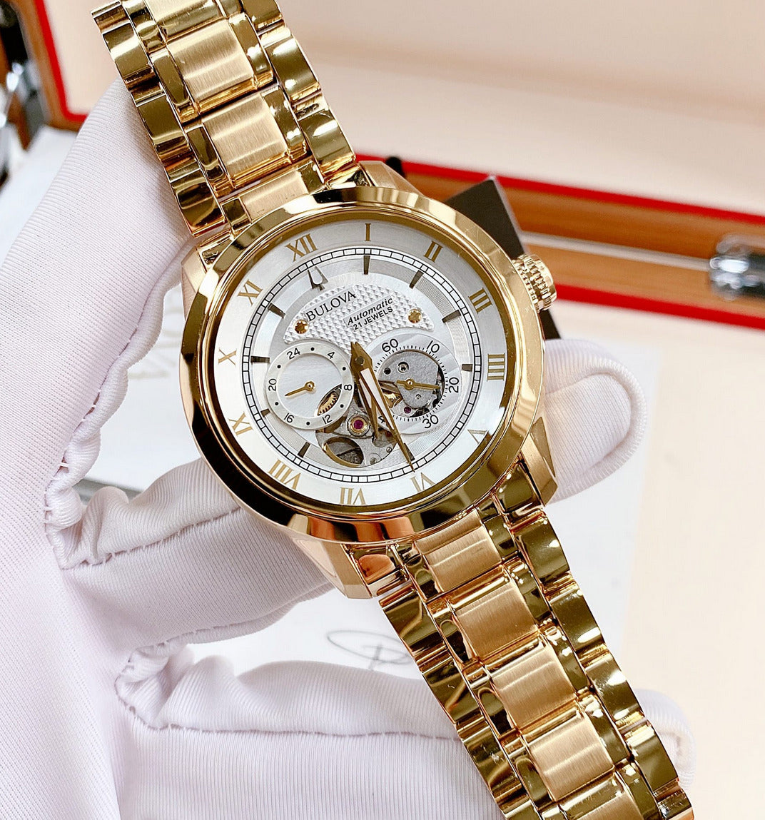  Shop Authentic Bulova BVA Skeleton Silver Dial Gold Steel Strap Watch for Men - 97A108 - Luxxuri