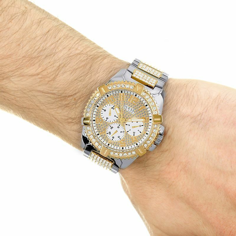  Shop Authentic Guess Frontier Chronograph Crystals Silver Dial Two Tone Steel Strap Watch for Men - W0799G4 - Luxxuri