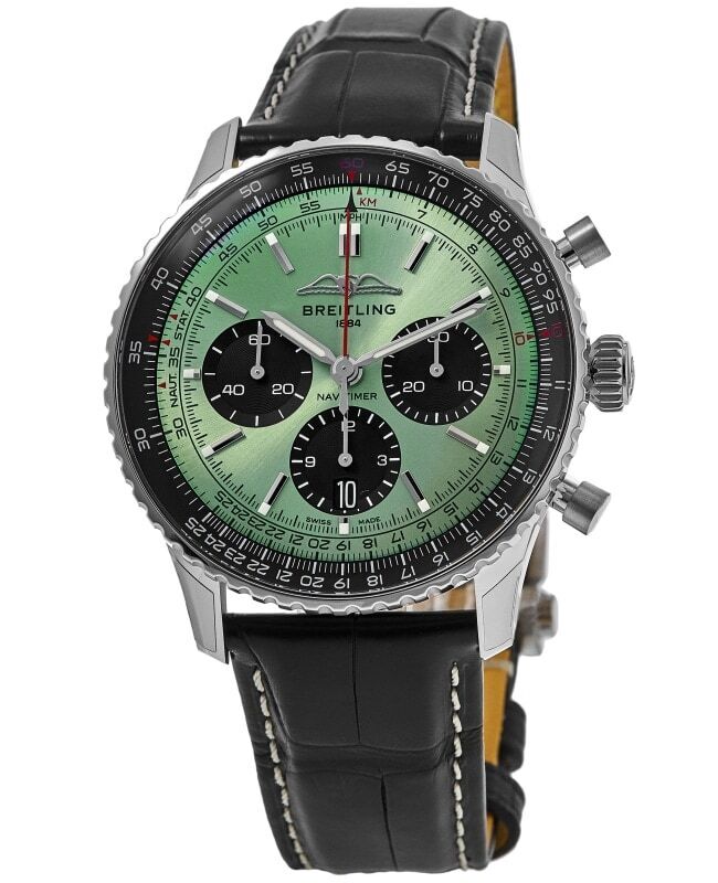  Shop Authentic Breitling Navitimer B01 Chronograph 43 Green Dial Black Leather Strap Watch for Men - AB0138241L1P1 - Luxxuri