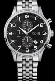  Shop Authentic Hugo Boss Aeroliner Chronograph Quartz Black Dial Silver Steel Strap Watch For Men - HB1512446 - Luxxuri
