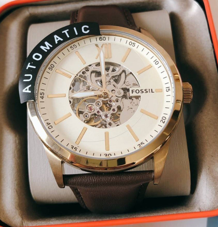  Shop Authentic Fossil Flynn Mechanical Skeleton Beige Dial Brown Leather Strap Watch for Men - BQ2215 - Luxxuri