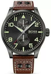 Shop Authentic Hugo Boss Aeroliner Day Date Black Dial Brown Leather Strap Watch For Men - HB1513079 - Luxxuri