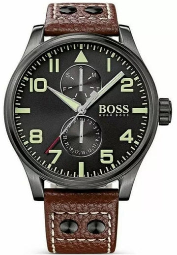 Shop Authentic Hugo Boss Aeroliner Day Date Black Dial Brown Leather Strap Watch For Men - HB1513079 - Luxxuri