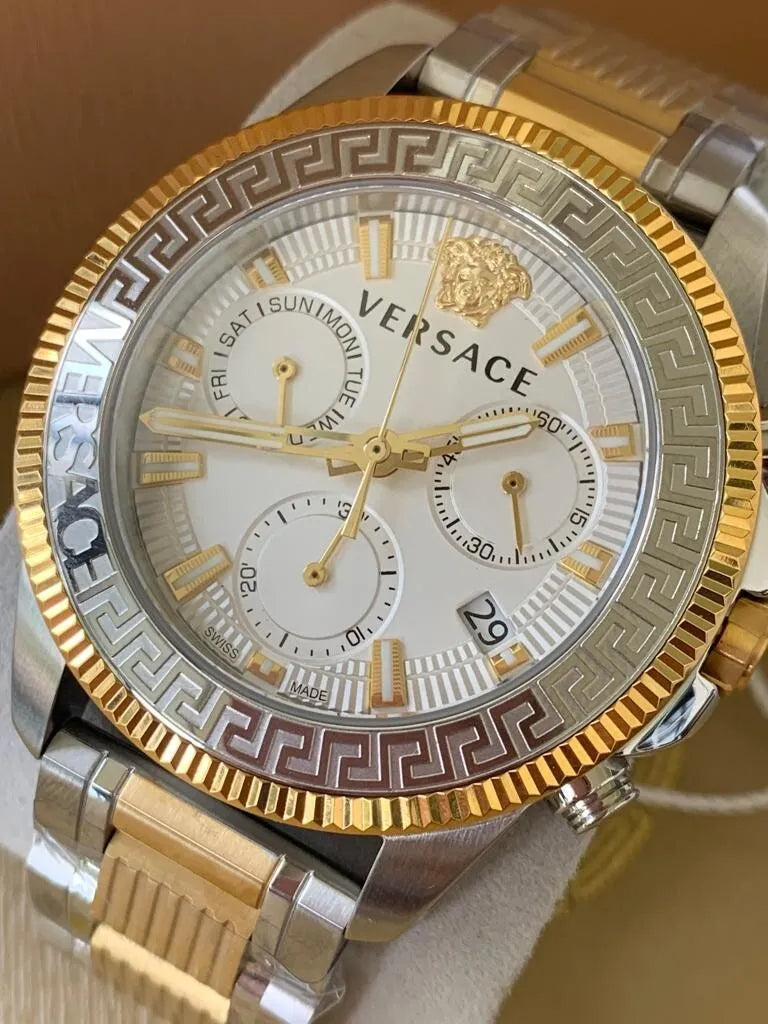  Shop Authentic Versace Greca Action Chronograph Quartz Silver Dial Two Tone Steel Strap Watch for Men - VE3J00522 - Luxxuri