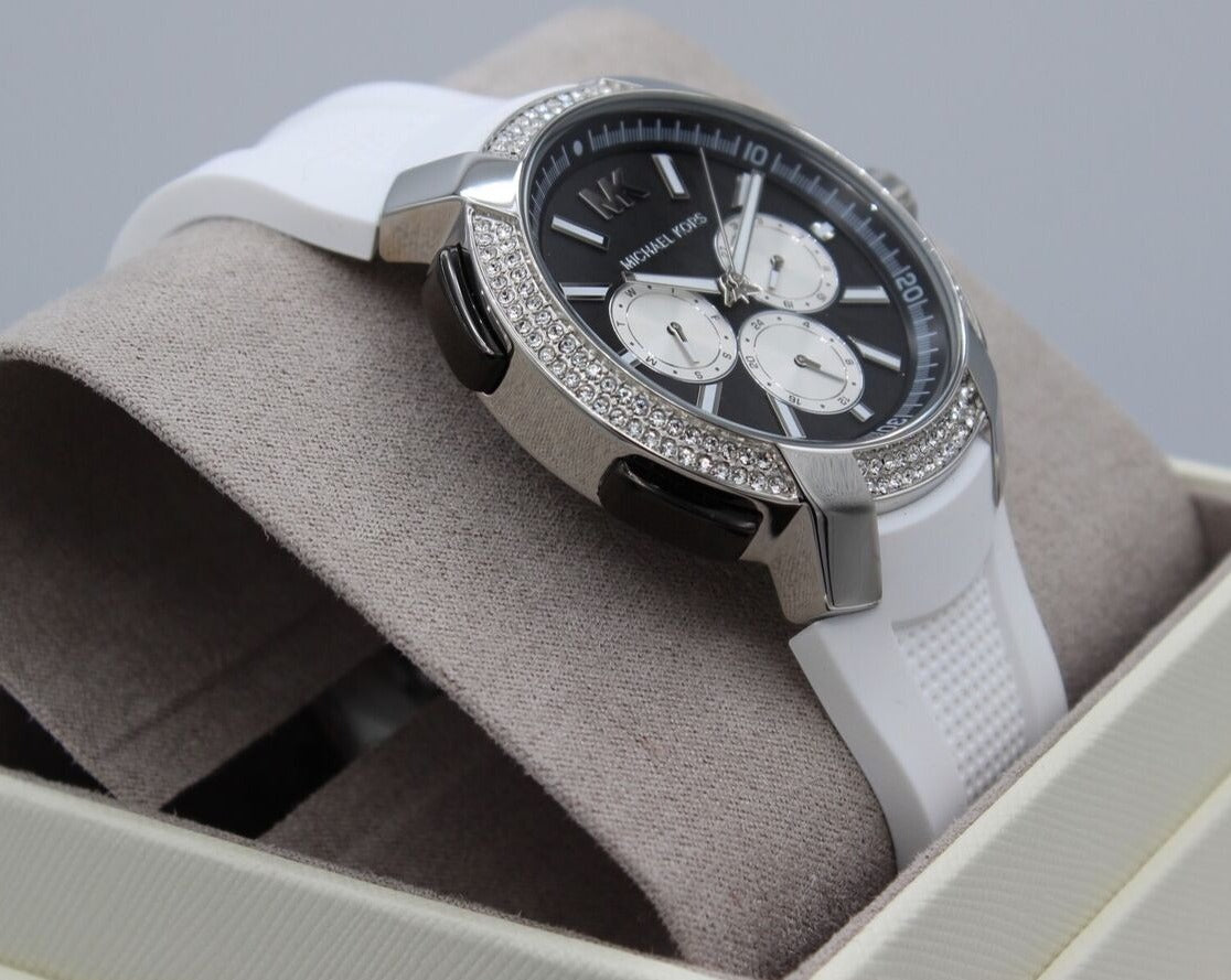  Shop Authentic Michael Kors Sidney Multifunction Black Dial White Silicone Strap Watch For Women - MK6947 - Luxxuri