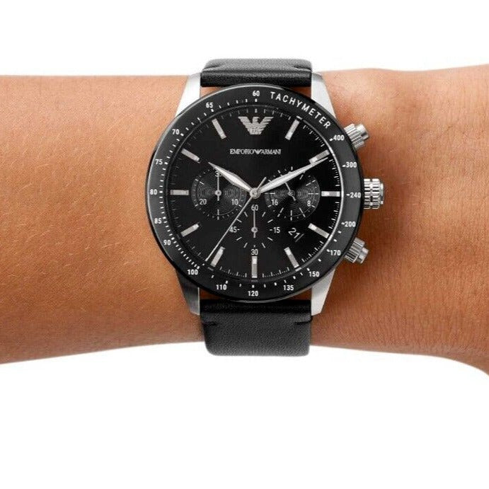  Shop Authentic Emporio Armani Mario Chronograph Black Dial Black Leather Strap Watch For Men - AR11243 - Luxxuri