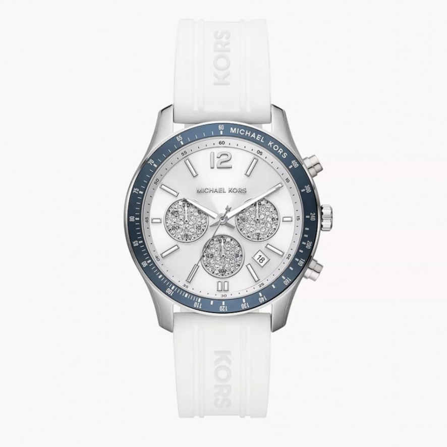  Shop Authentic Michael Kors Berkley Chronograph Silver Dial White Rubber Strap Watch For Women  - MKO1040 - Luxxuri