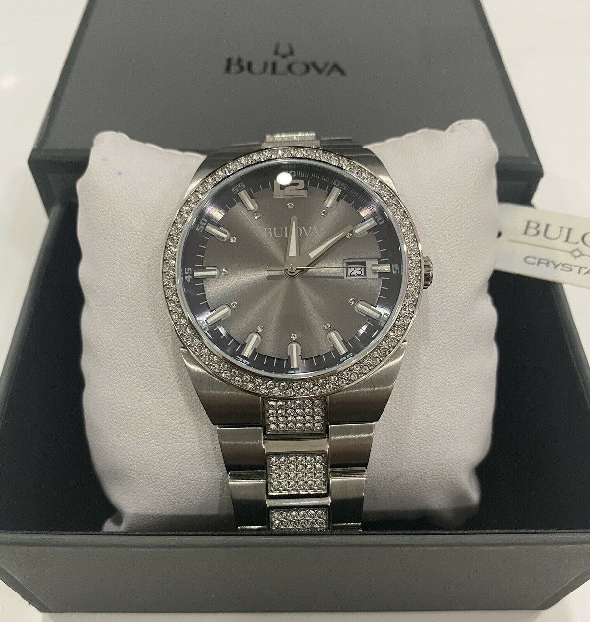  Shop Authentic Bulova Crystal Collection Brown Dial Silver Steel Strap Watch for Men - 96B221 - Luxxuri