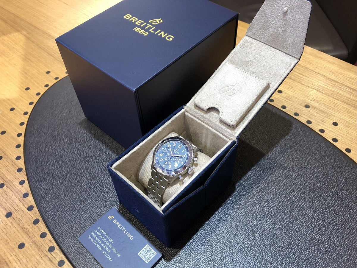  Shop Authentic Breitling Super Avi B04 Chronograph GMT 46 Tribute to Vought F4U Corsair Blue Dial Silver Steel Strap Watch for Men - AB04451A1C1A1 - Luxxuri