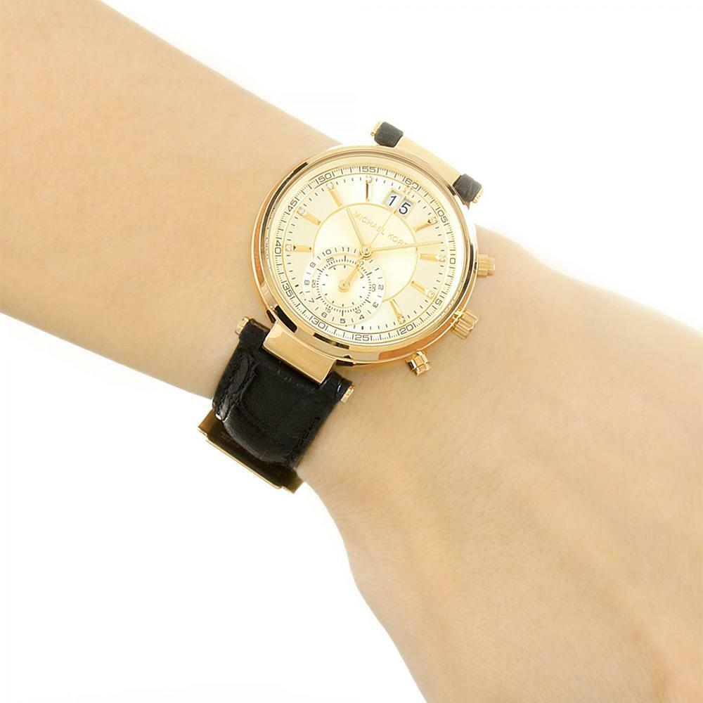  Shop Authentic Michael Kors Sawyer Champagne Dial Black Leather Strap Watch for Women - MK2433 - Luxxuri